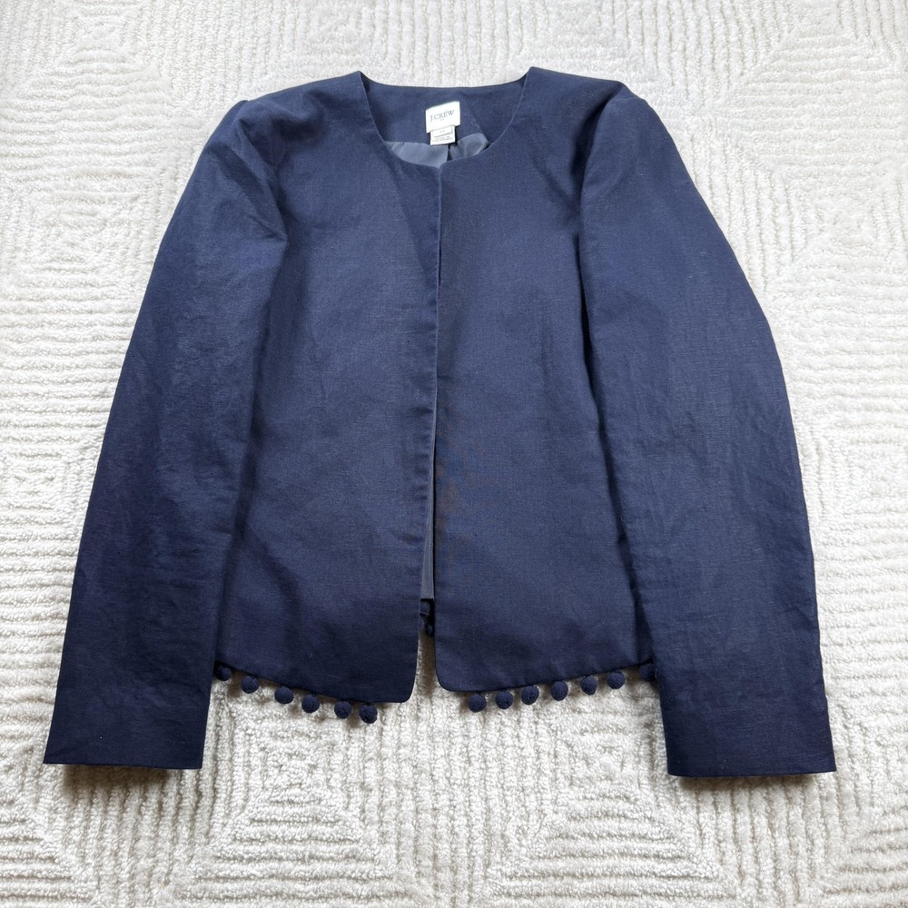 J Crew Cropped Jacket Women XS Navy Linen Pom Pom Fringe Blazer Chic Office Work